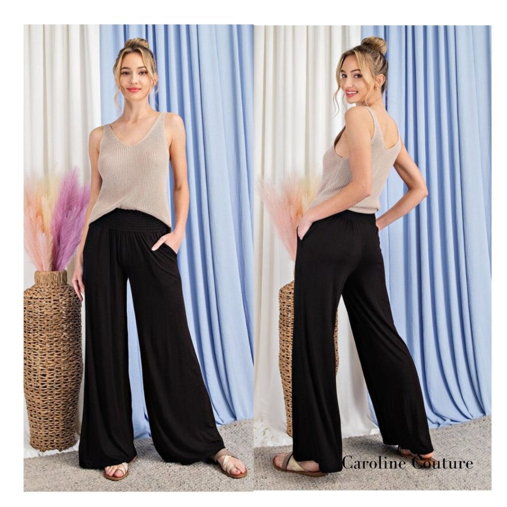 Smocked High Waist Straight Leg Pants